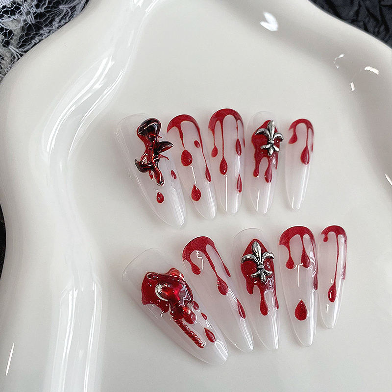 10개입 롱 아몬드 프레스온 네일 투명 베이스 레드 블 - Drip Tip Resin 리뷰 및 가격